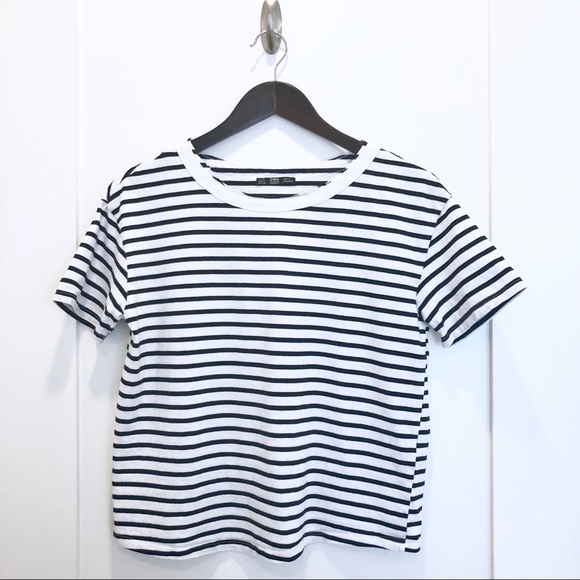 Zara 100% Cotton Striped Black/White Tee - Small - Picture 4 of 6